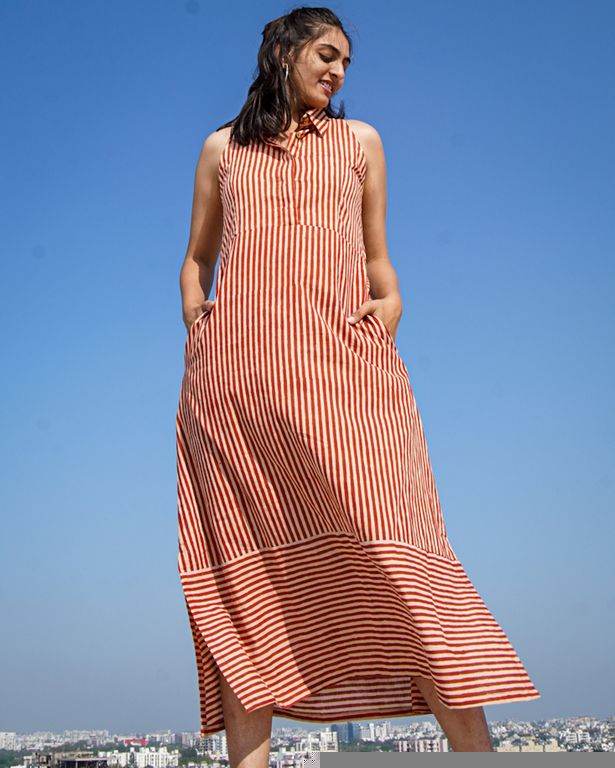 Brick Red Striped Halter Midi Maternity Dress