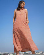 Brick Red Striped Halter Midi Maternity Dress