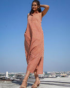 Brick Red Striped Halter Midi Dress