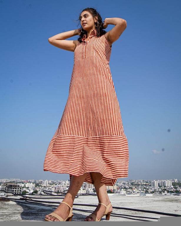Brick Red Striped Halter Midi Dress