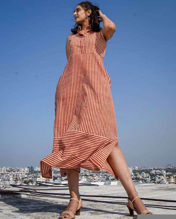 Brick Red Striped Halter Midi Dress