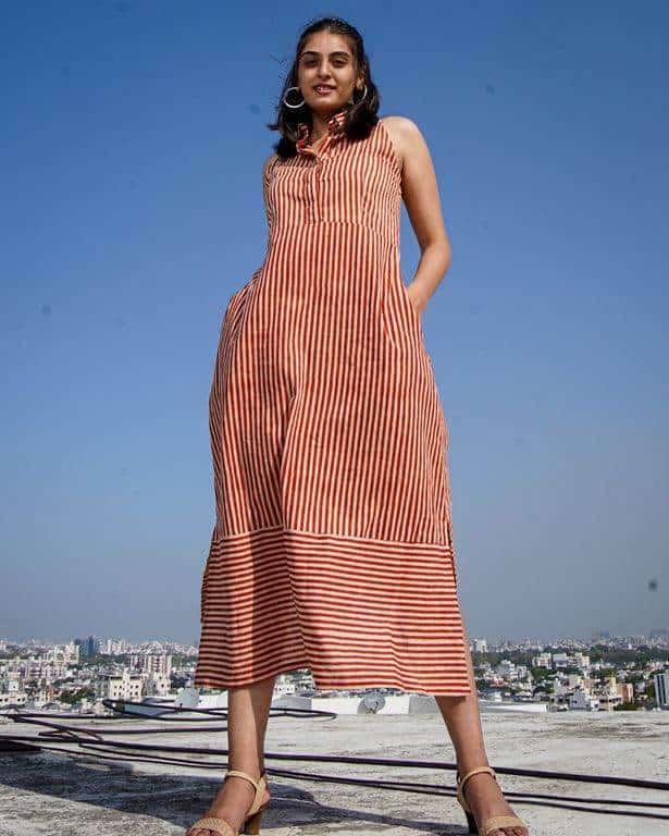 Brick Red Striped Halter Midi Dress Main image