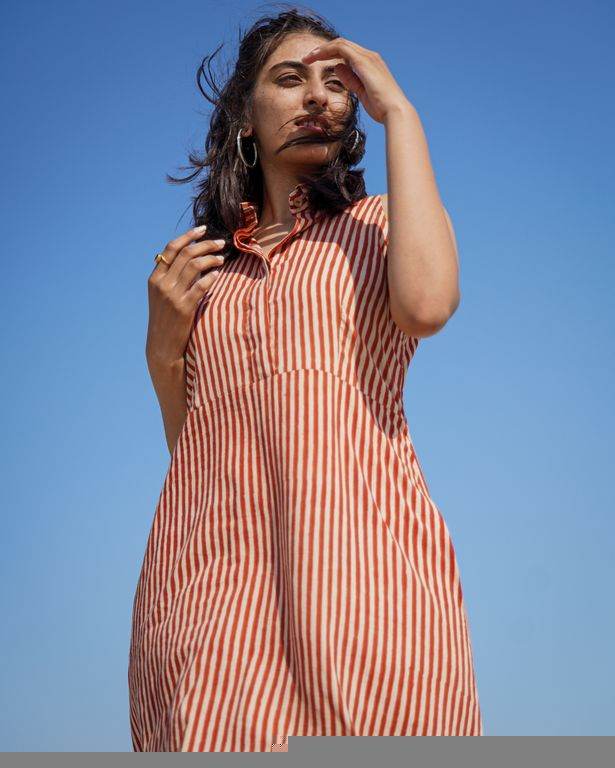 Brick Red Striped Halter Midi Maternity Dress
