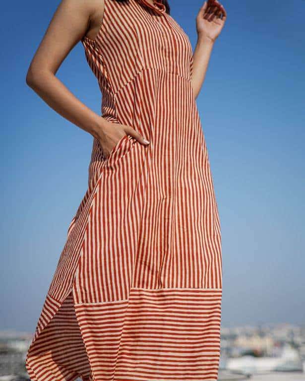 Brick Red Striped Halter Midi Maternity Dress