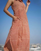 Brick Red Striped Halter Midi Maternity Dress