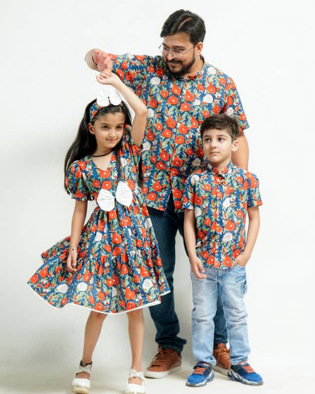 Crimson Blue Floral Father Kids Twinning