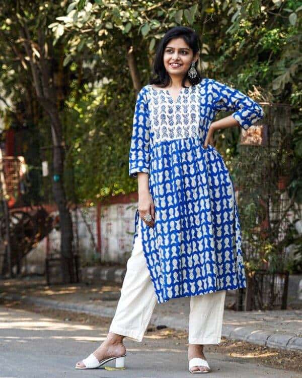 Blue Fish Print Straight Kurta