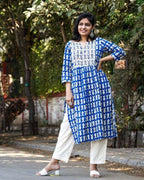 Blue Fish Print Straight Kurta