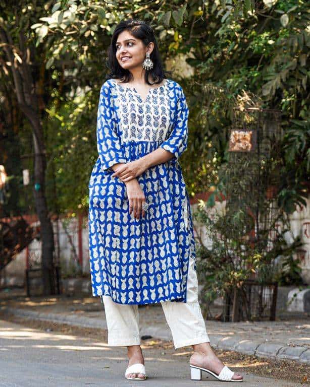 Blue Fish Print Straight Maternity Kurta