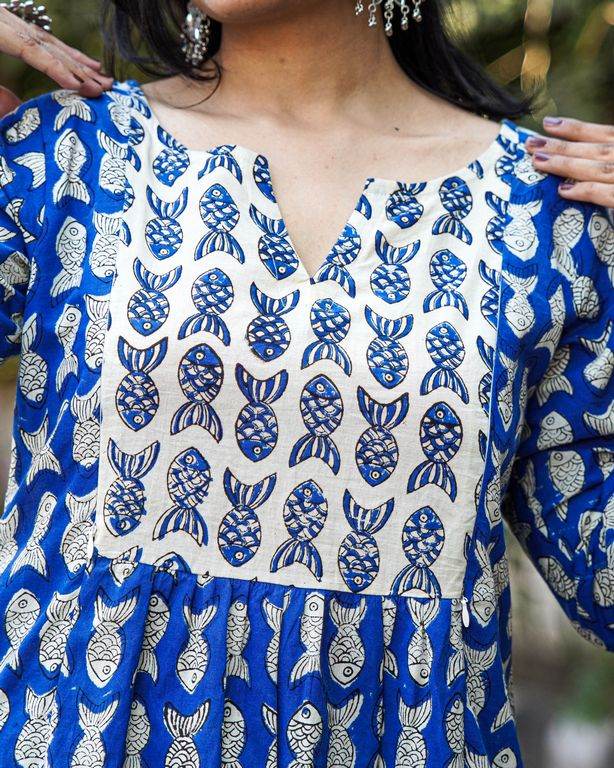 Blue Fish Print Straight Maternity Kurta