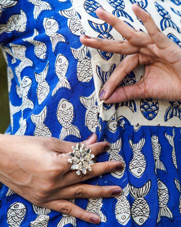 Blue Fish Print Straight Maternity Kurta