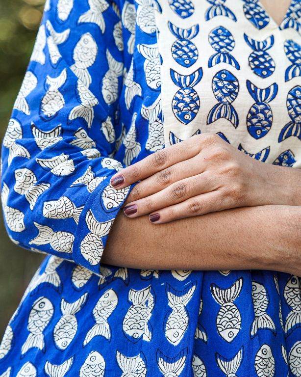 Blue Fish Print Straight Maternity Kurta