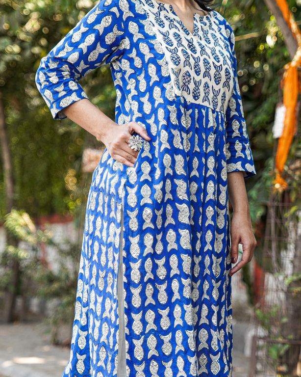 Blue Fish Print Straight Maternity Kurta