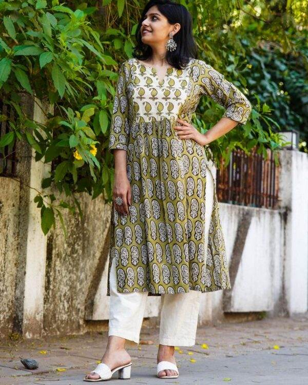 Mustard Block Print Maternity Kurti