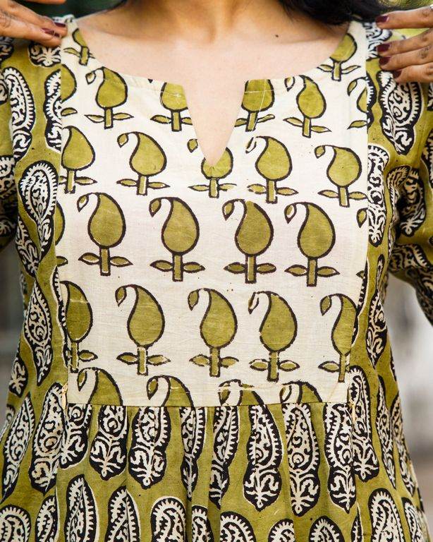 Mustard Block Print Maternity Kurti