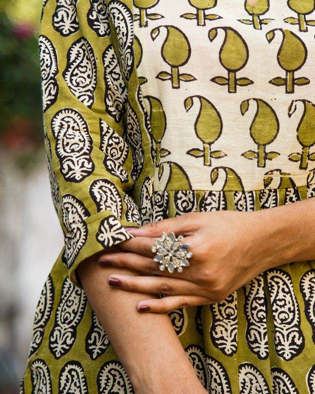 Mustard Block Print Maternity Kurti