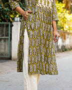 Mustard Block Print Maternity Kurti