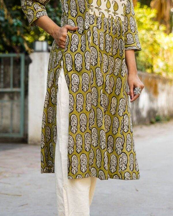 Mustard Block Print Maternity Kurti
