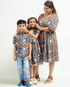 Crimson Blue Floral Short Mother Kids Twinning
