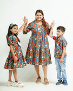 Crimson Blue Floral Short Mother Kids Twinning