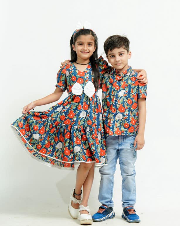 Crimson Blue Floral Father Kids Twinning