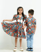 Crimson Blue Floral Short Mother Kids Twinning