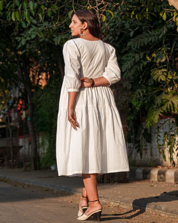 Snowy White Tiered Maternity Dress