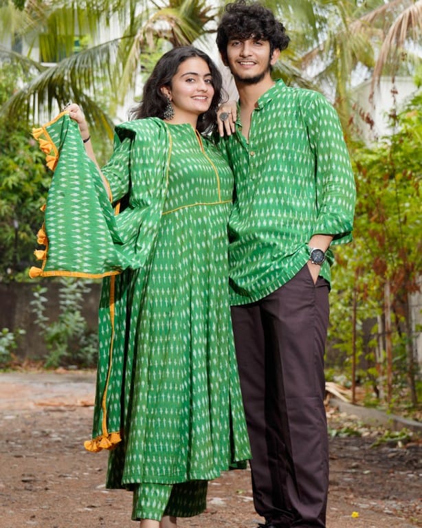 Green Ikat Anarkali Couple Set Main image