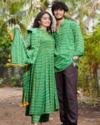 Green Ikat Anarkali Family Set