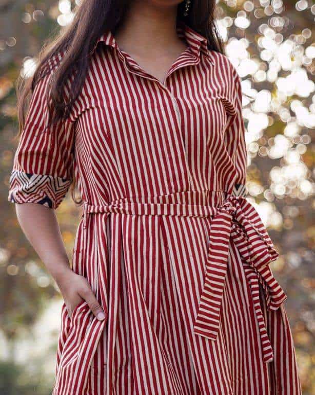 Brick Red Collared Dress with Belt