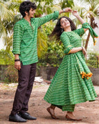 Green Ikat Anarkali Family Set