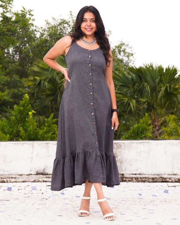 Grey Checkered Strappy Maternity Dress