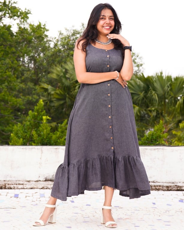Grey Checkered Strappy Maternity Dress