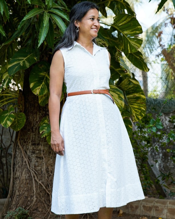 White Cutwork Collared Maternity Dress