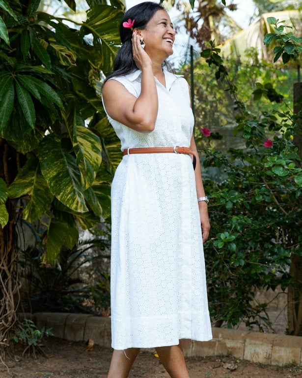 White Cutwork Collared Maternity Dress