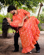 Tangy Orange Frill Ikat Couple Set