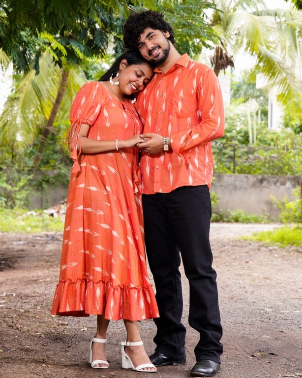 Tangy Orange Frill Ikat Couple Set
