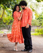 Tangy Orange Frill Ikat Couple Set