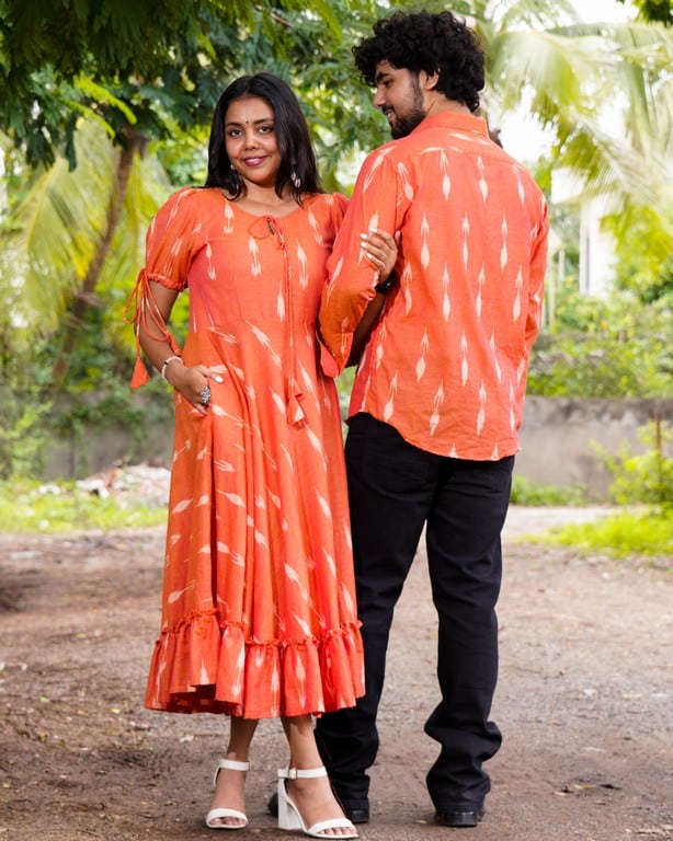 Tangy Orange Frill Ikat Couple Set