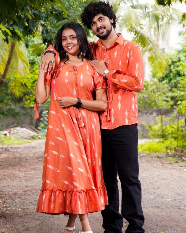 Tangy Orange Frill Ikat Couple Set
