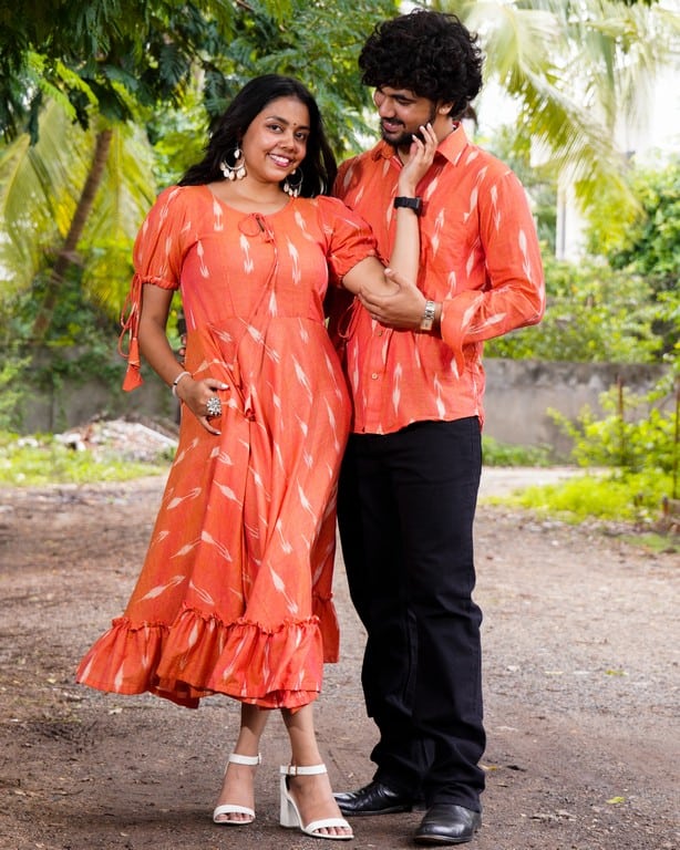 Tangy Orange Frill Ikat Couple Set Secondary image
