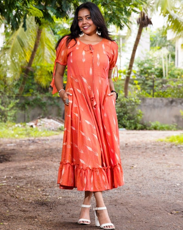 Tangy Orange Frill Ikat Dress