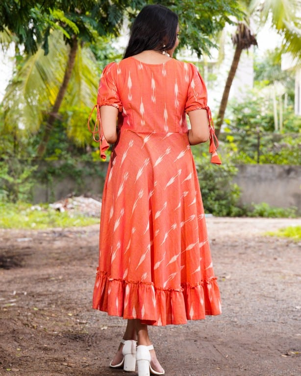 Tangy Orange Frill Ikat Dress