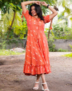 Tangy Orange Frill Ikat Dress