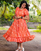 Tangy Orange Frill Ikat Dress