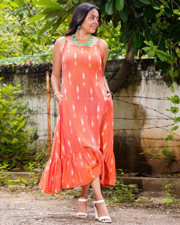 Tangy Orange Ikat Strappy Dress