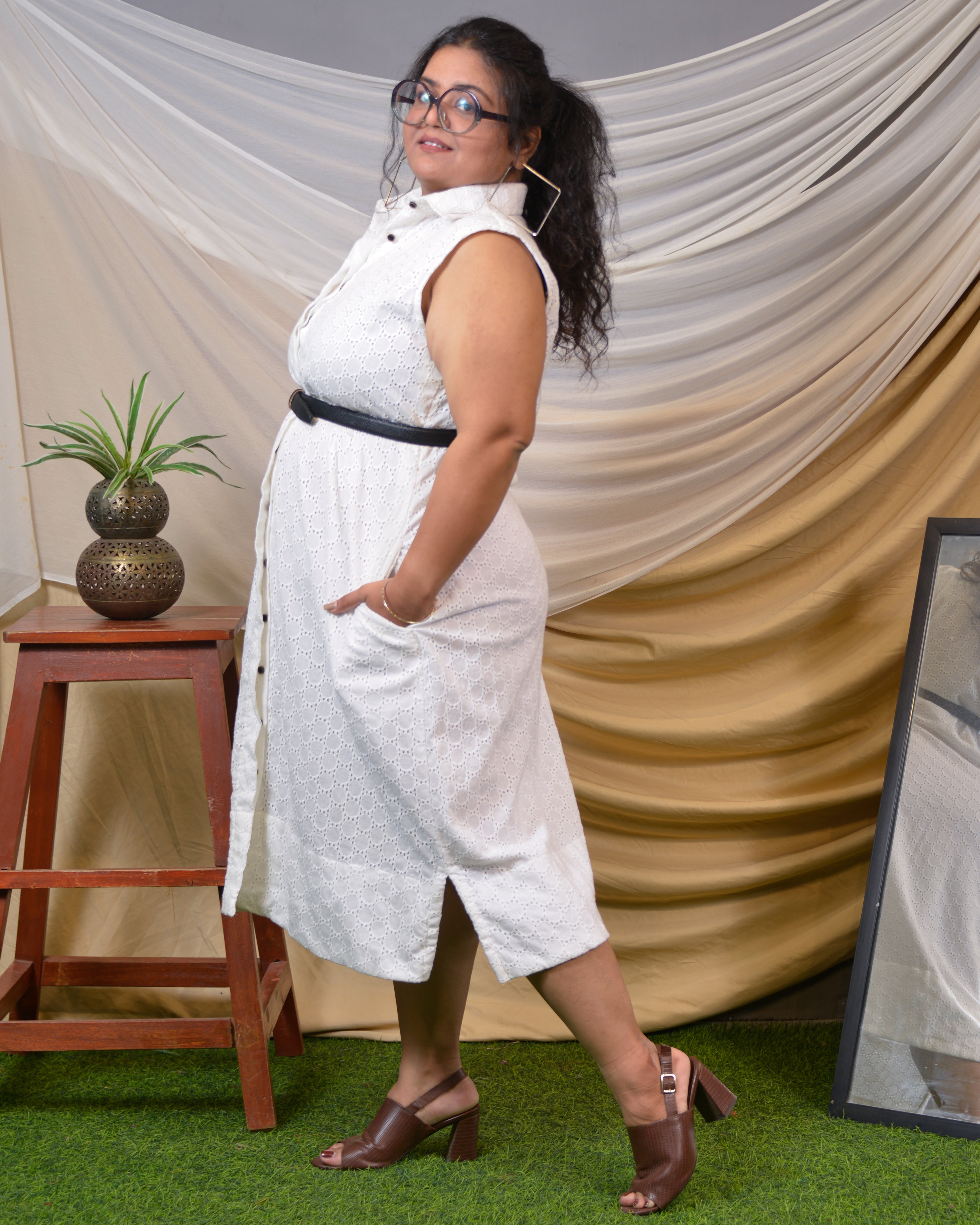 White Cutwork Collared Plus Size Dress