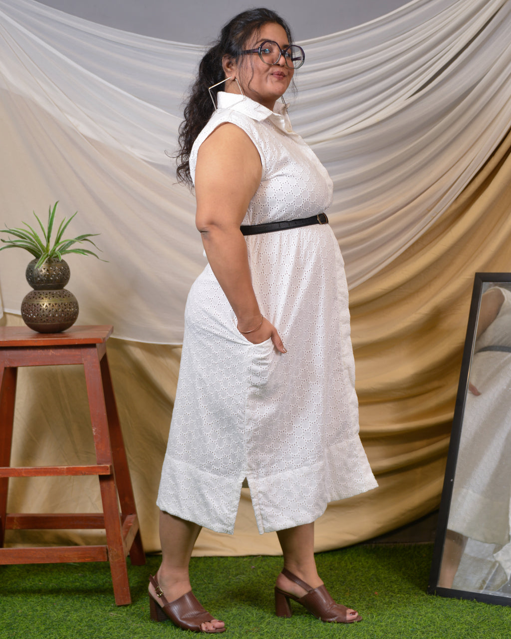 White Cutwork Collared Plus Size Dress