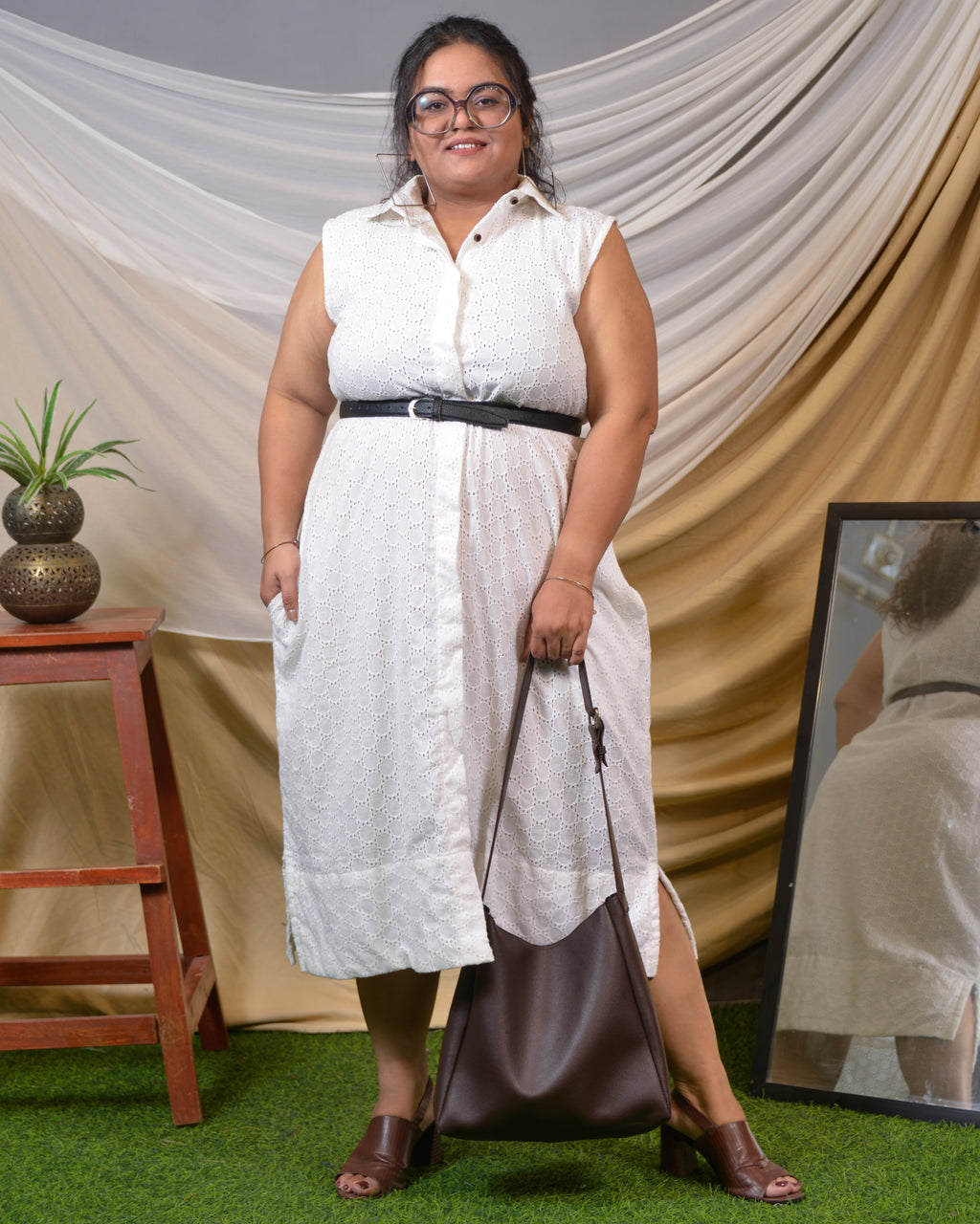 White Cutwork Collared Plus Size Dress