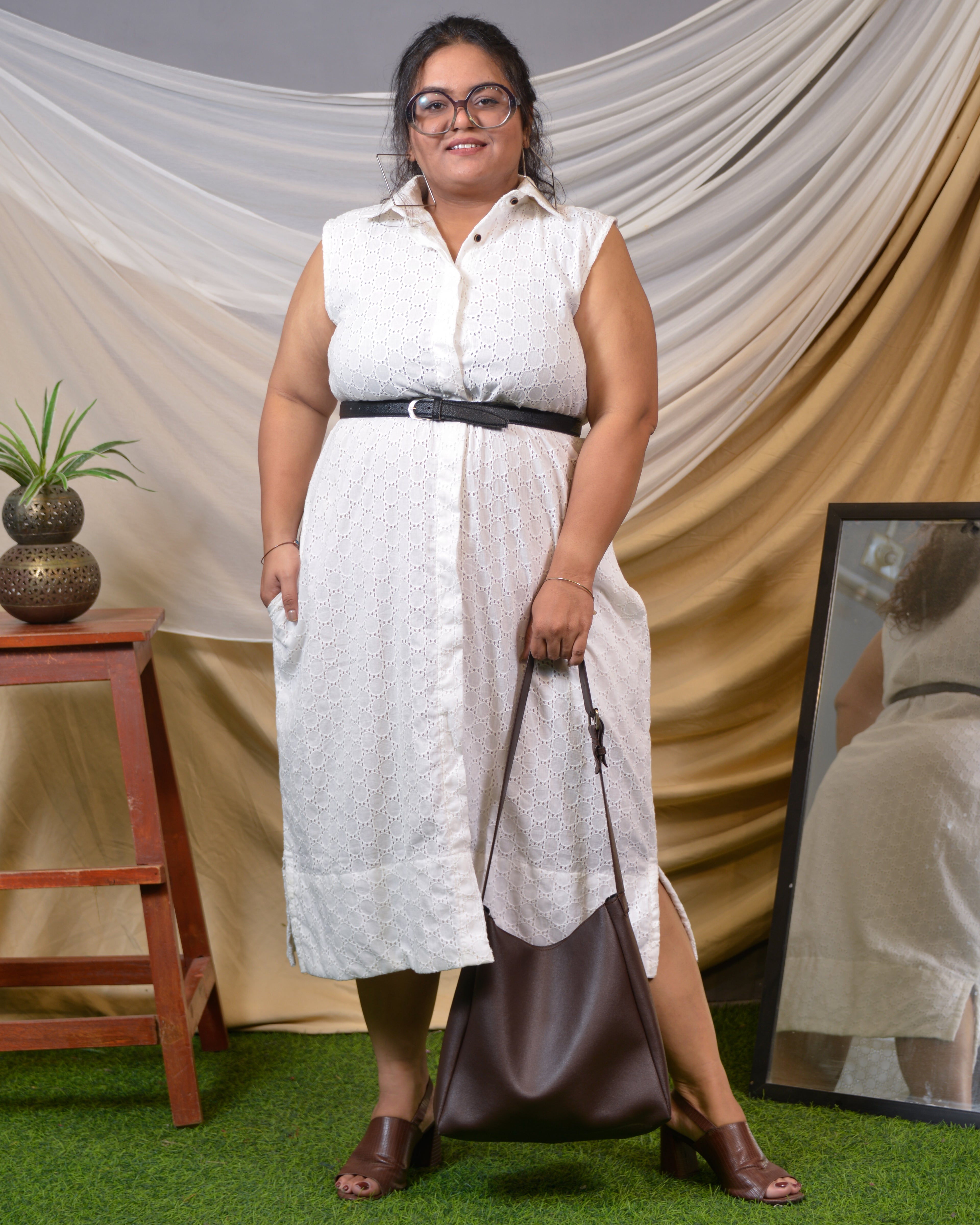 White Cutwork Collared Plus Size Dress